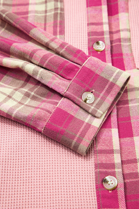 Waffle Knit Plaid Patchwork Pocket Outerwear