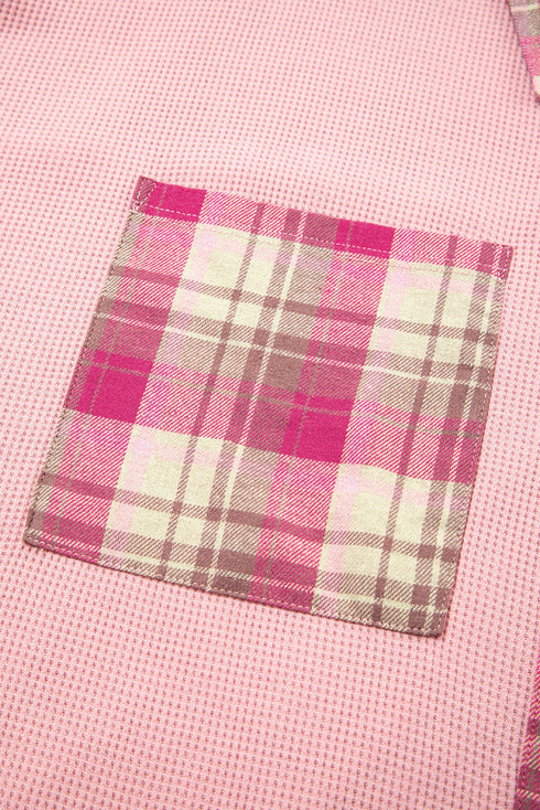 Waffle Knit Plaid Patchwork Pocket Outerwear