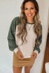 Waffle Knit Raglan Sleeve Contrast Panel Top