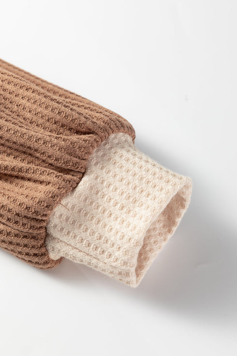 Waffle Knit Raglan Sleeve Contrast Panel Top