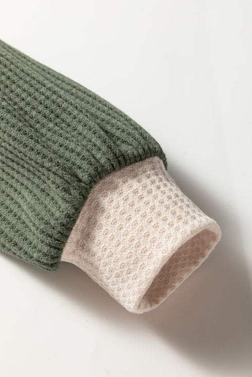 Waffle Knit Raglan Sleeve Contrast Panel Top