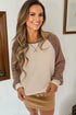 Waffle Knit Raglan Sleeve Contrast Panel Top