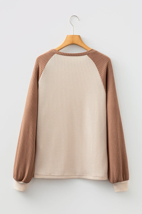 Waffle Knit Raglan Sleeve Contrast Panel Top