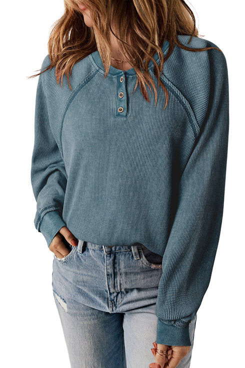 Waffle Knit Raglan Sleeve Henley Sweatshirt