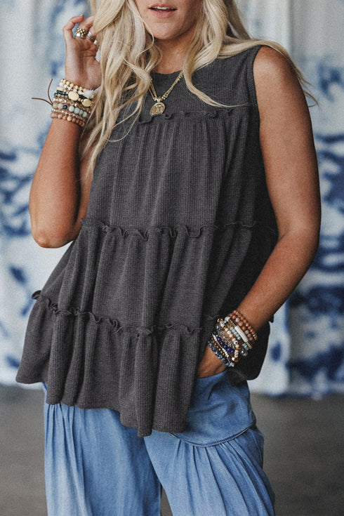 Waffle Knit Ruffled Tiered Sleeveless Tank Top