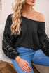 Waffle Knit Sequin Patchwork Sleeve Open Back Top