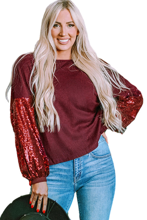 Waffle Knit Sequin Patchwork Sleeve Open Back Top