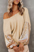 Waffle Knit Sequin Patchwork Sleeve Open Back Top