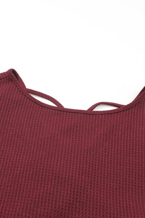 Waffle Knit Sequin Patchwork Sleeve Open Back Top