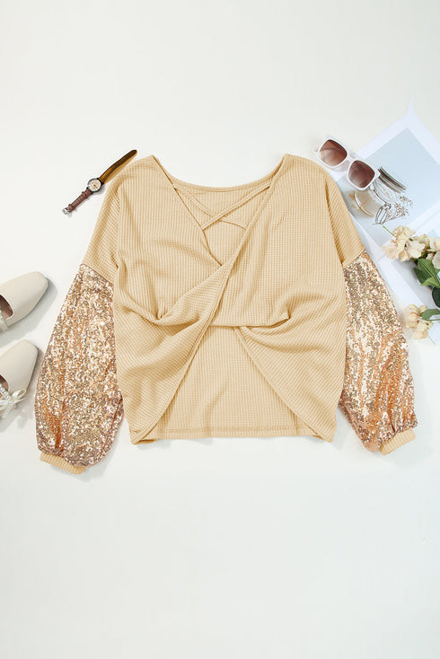 Waffle Knit Sequin Patchwork Sleeve Open Back Top