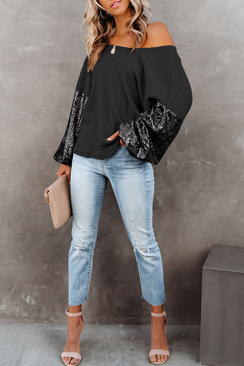 Waffle Knit Sequin Patchwork Sleeve Open Back Top