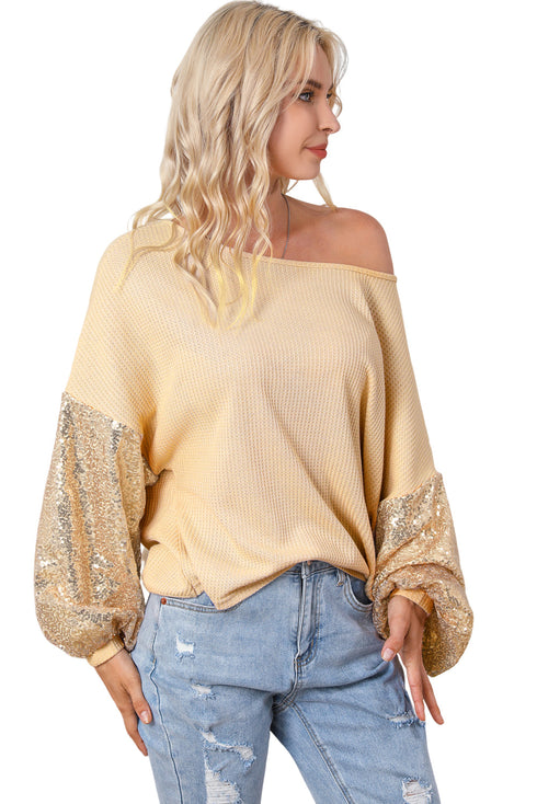 Waffle Knit Sequin Patchwork Sleeve Open Back Top