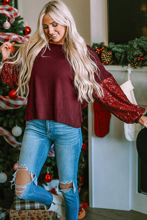 Waffle Knit Sequin Patchwork Sleeve Open Back Top
