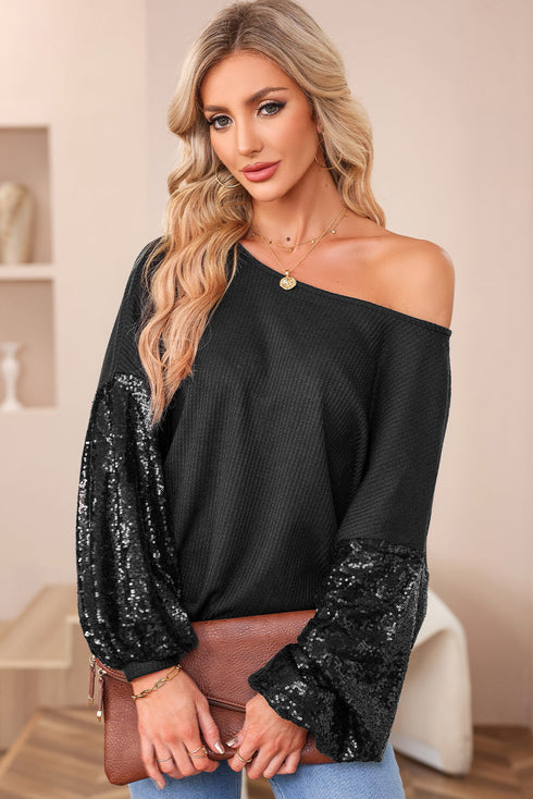 Waffle Knit Sequin Patchwork Sleeve Open Back Top