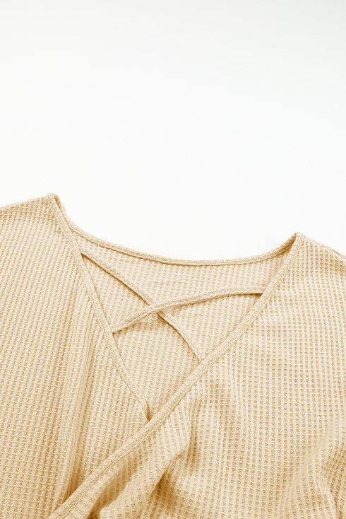 Waffle Knit Sequin Patchwork Sleeve Open Back Top