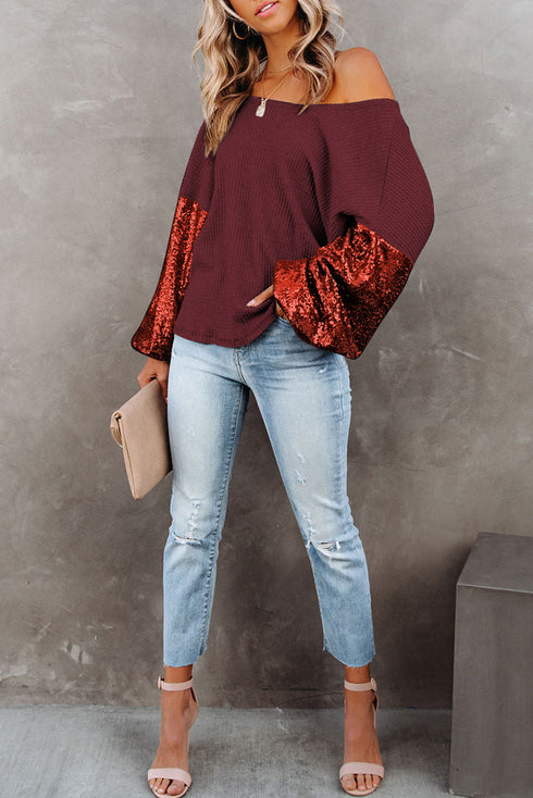 Waffle Knit Sequin Patchwork Sleeve Open Back Top