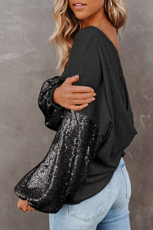Waffle Knit Sequin Patchwork Sleeve Open Back Top