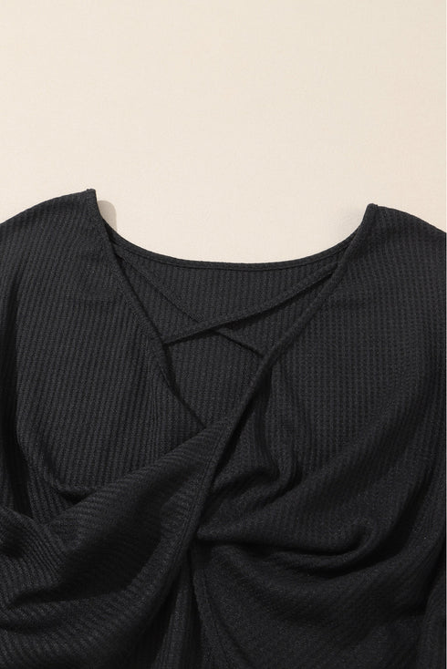Waffle Knit Sequin Patchwork Sleeve Open Back Top
