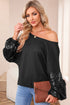Waffle Knit Sequin Patchwork Sleeve Open Back Top