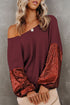 Waffle Knit Sequin Patchwork Sleeve Open Back Top