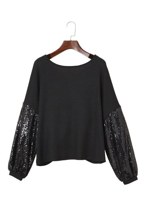 Waffle Knit Sequin Patchwork Sleeve Open Back Top