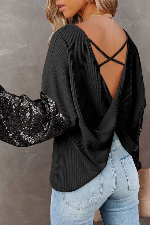 Waffle Knit Sequin Patchwork Sleeve Open Back Top