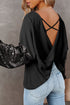 Waffle Knit Sequin Patchwork Sleeve Open Back Top