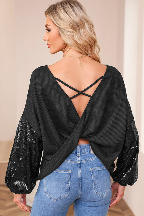 Waffle Knit Sequin Patchwork Sleeve Open Back Top