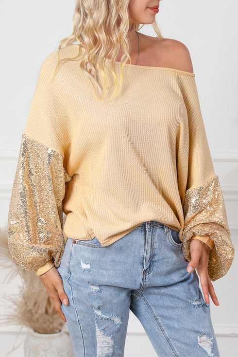 Waffle Knit Sequin Patchwork Sleeve Open Back Top