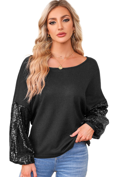 Waffle Knit Sequin Patchwork Sleeve Open Back Top