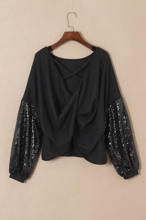 Waffle Knit Sequin Patchwork Sleeve Open Back Top