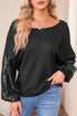 Waffle Knit Sequin Patchwork Sleeve Open Back Top