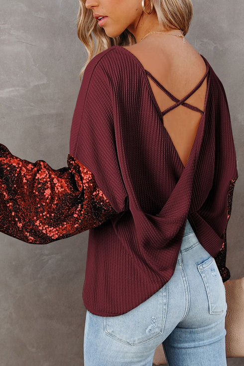 Waffle Knit Sequin Patchwork Sleeve Open Back Top