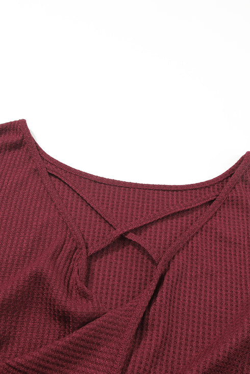 Waffle Knit Sequin Patchwork Sleeve Open Back Top