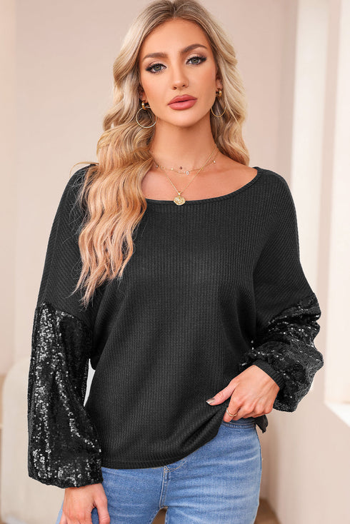 Waffle Knit Sequin Patchwork Sleeve Open Back Top
