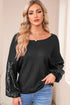 Waffle Knit Sequin Patchwork Sleeve Open Back Top
