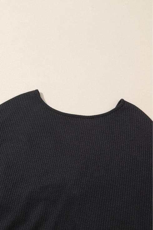 Waffle Knit Sequin Patchwork Sleeve Open Back Top