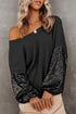 Waffle Knit Sequin Patchwork Sleeve Open Back Top