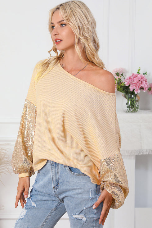 Waffle Knit Sequin Patchwork Sleeve Open Back Top