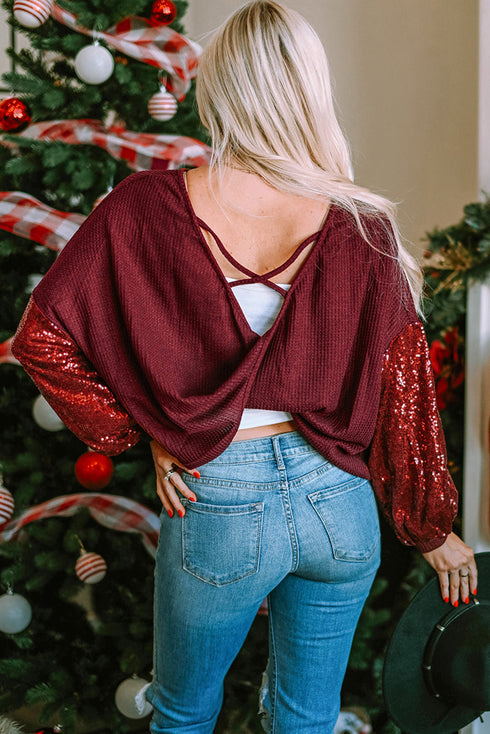 Waffle Knit Sequin Patchwork Sleeve Open Back Top