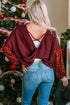 Waffle Knit Sequin Patchwork Sleeve Open Back Top