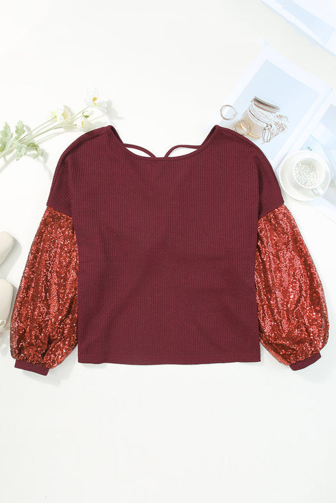 Waffle Knit Sequin Patchwork Sleeve Open Back Top
