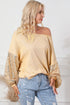Waffle Knit Sequin Patchwork Sleeve Open Back Top