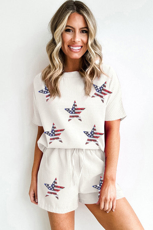Waffle Knit Sequin Star American Flag Graphic Set