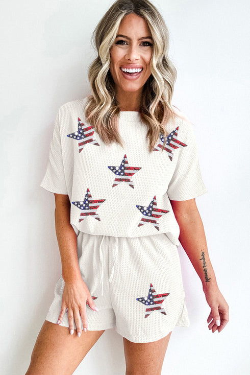 Waffle Knit Sequin Star American Flag Graphic Set