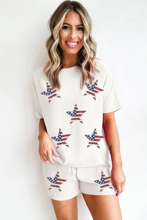 Waffle Knit Sequin Star American Flag Graphic Set