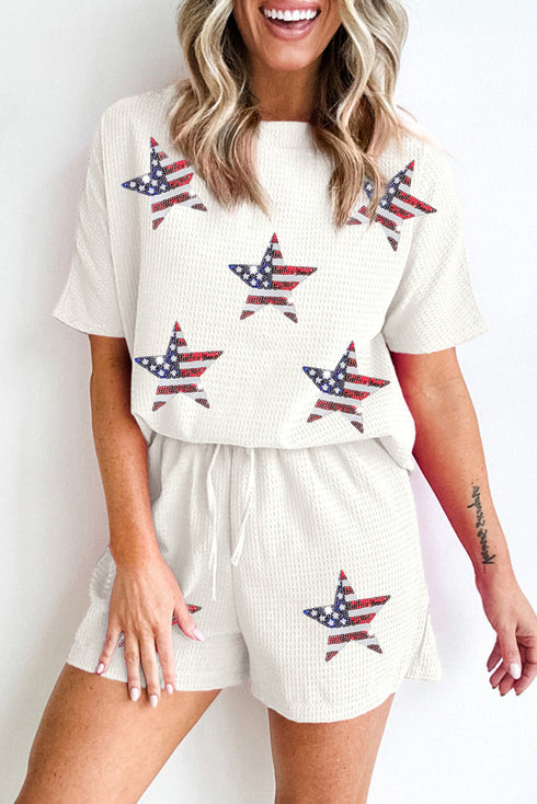 Waffle Knit Sequin Star American Flag Graphic Set