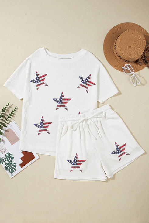 Waffle Knit Sequin Star American Flag Graphic Set