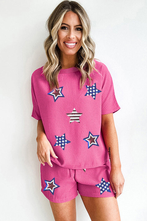 Waffle Knit Sequin Star Flag Two Piece Graphic Set