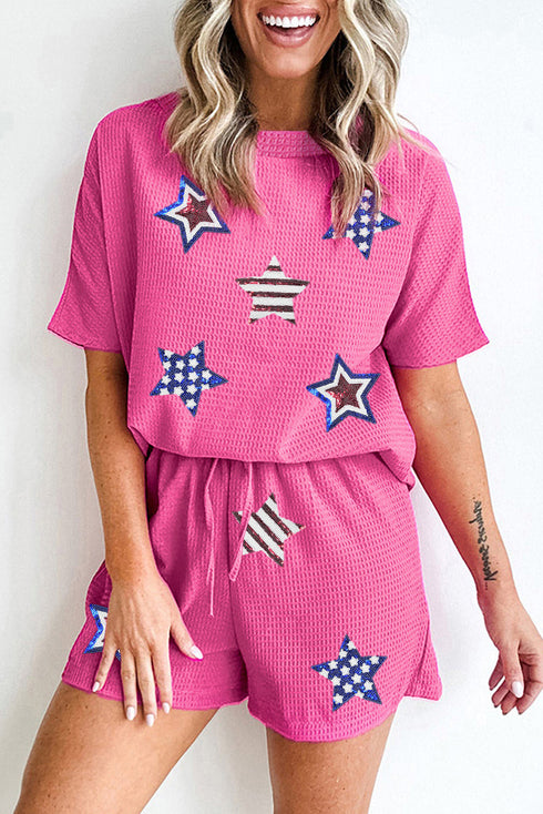 Waffle Knit Sequin Star Flag Two Piece Graphic Set